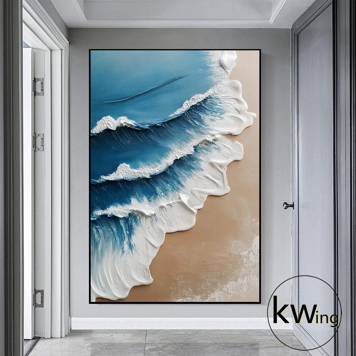 Blue White Ocean Waves Sand Beach Aerial 3D Texture Art Poster - Image 3