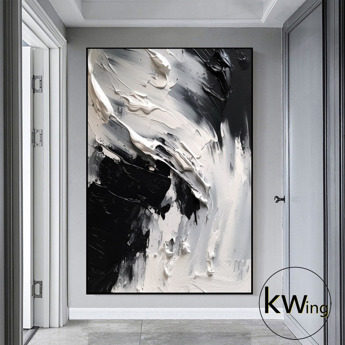 Black And White Abstract Texture Painting Thick Brushstroke Art Poster - Image 3