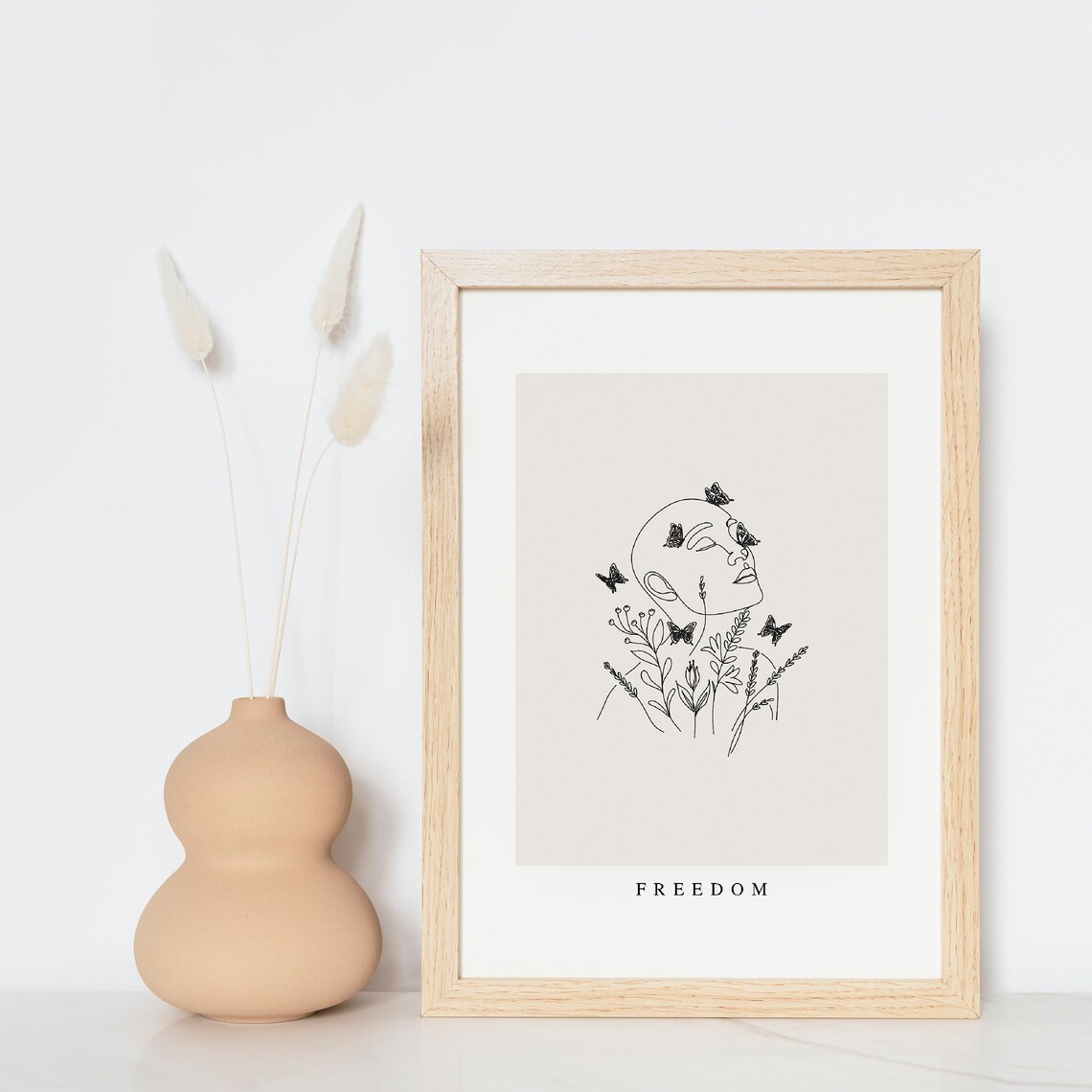 Freedom Woman Face Butterflies Botanical Minimal Line Art Poster