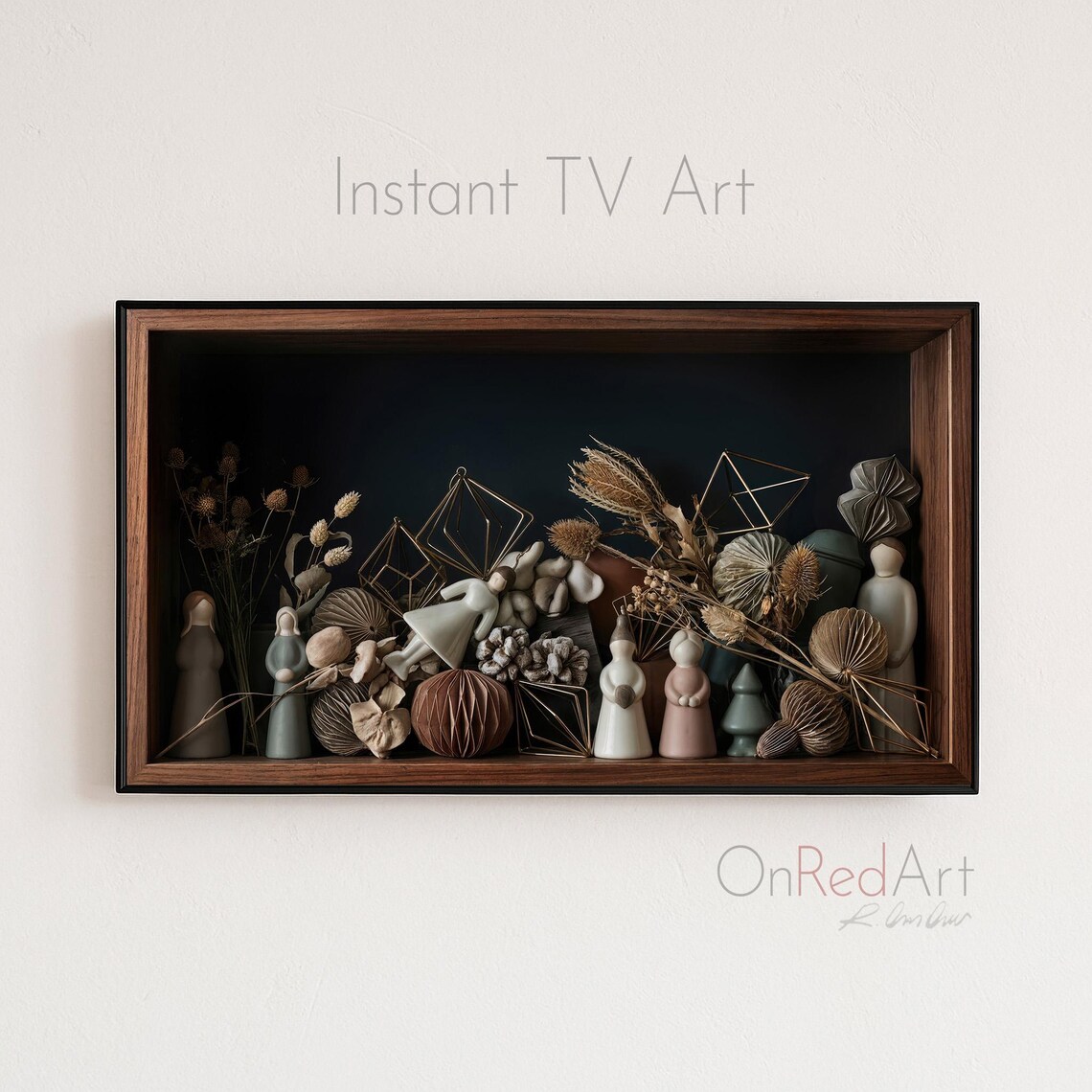 Minimal Botanical Christmas Tv Art Dried Flowers Clay Figures Geometric Ornaments 4k Display