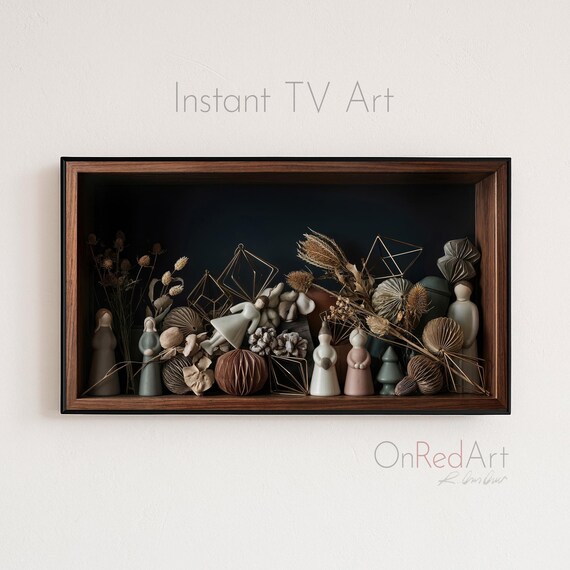 Minimal Botanical Christmas Tv Art Dried Flowers Clay Figures Geometric Ornaments 4k Display