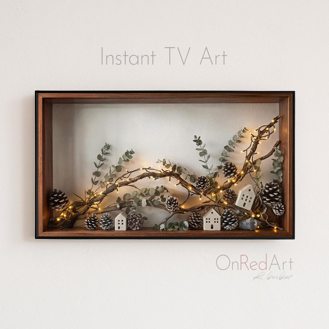 Cozy Winter Shadow Box Pinecones Fairy Lights Christmas Poster