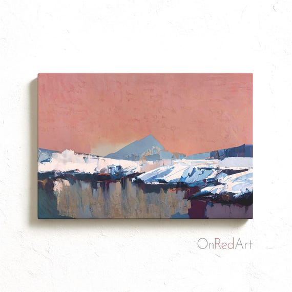 Rose Sky Abstract Landscape Print Snowy Mountain Wall Art Warm Minimal Sunset Painting