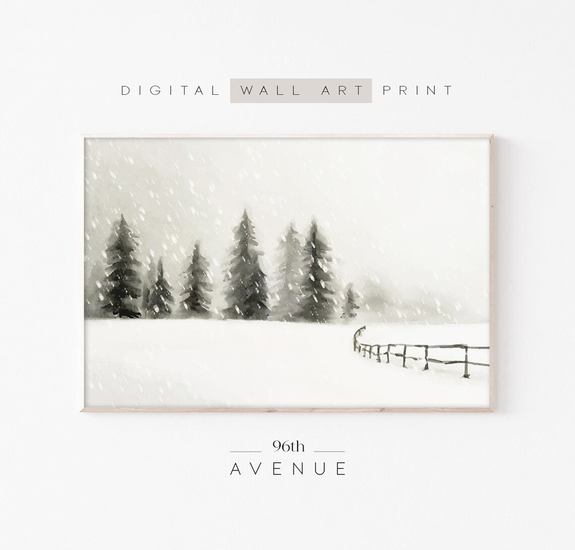 Watercolor Painting of Snowy Pine Trees in Falling Snow Poster