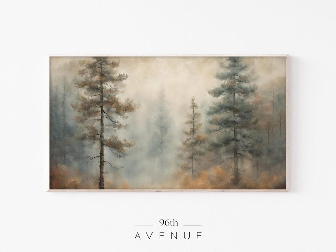 Foggy Pine Forest with Amber Undergrowth Soft Muted Landscape Poster