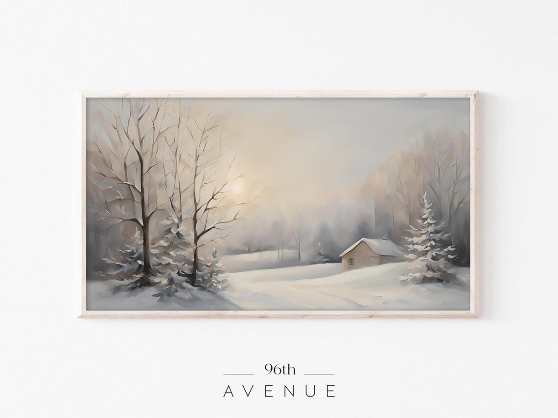 Snowy Village Cabin in Golden Winter Mist Landscape Painting Print