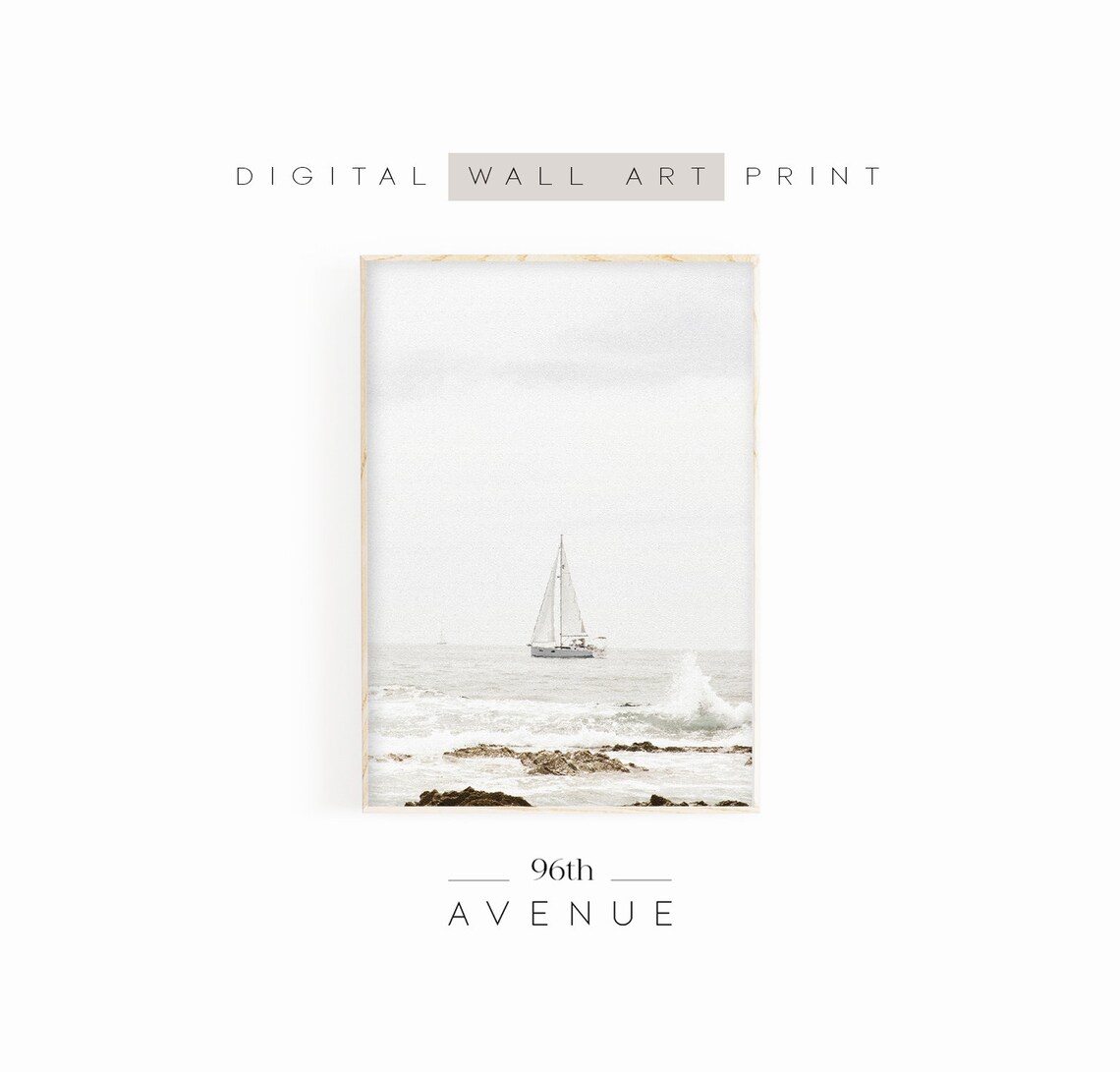 Lone Sailboat Calm Sea Muted Vintage Nautical Coastal Poster