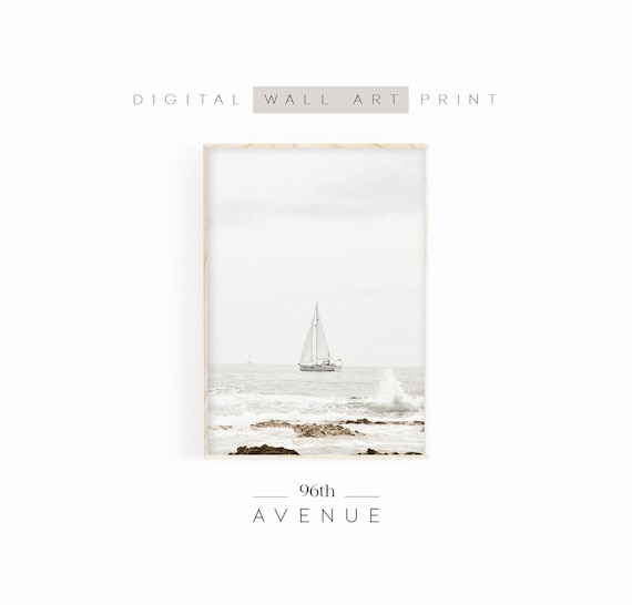 Lone Sailboat Calm Sea Muted Vintage Nautical Coastal Poster