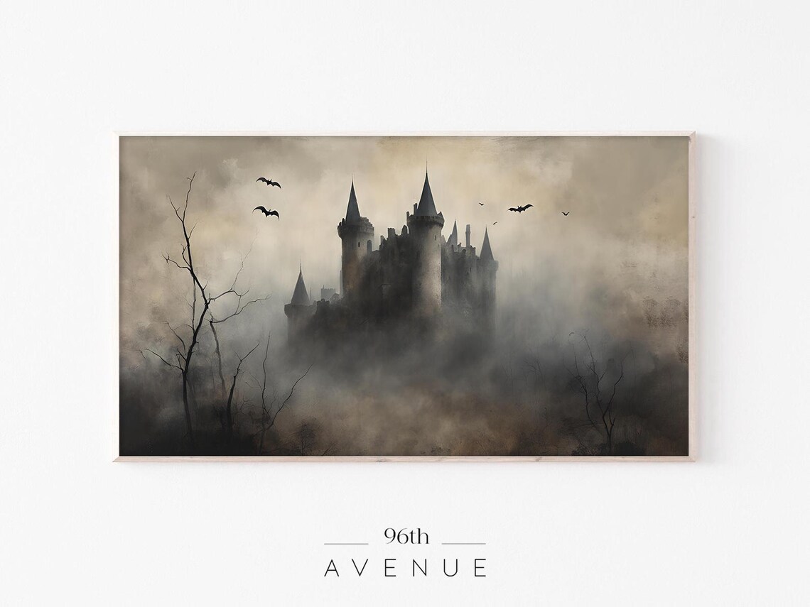 Misty Haunted Castle With Bats Moody Gothic Halloween Wall Poster