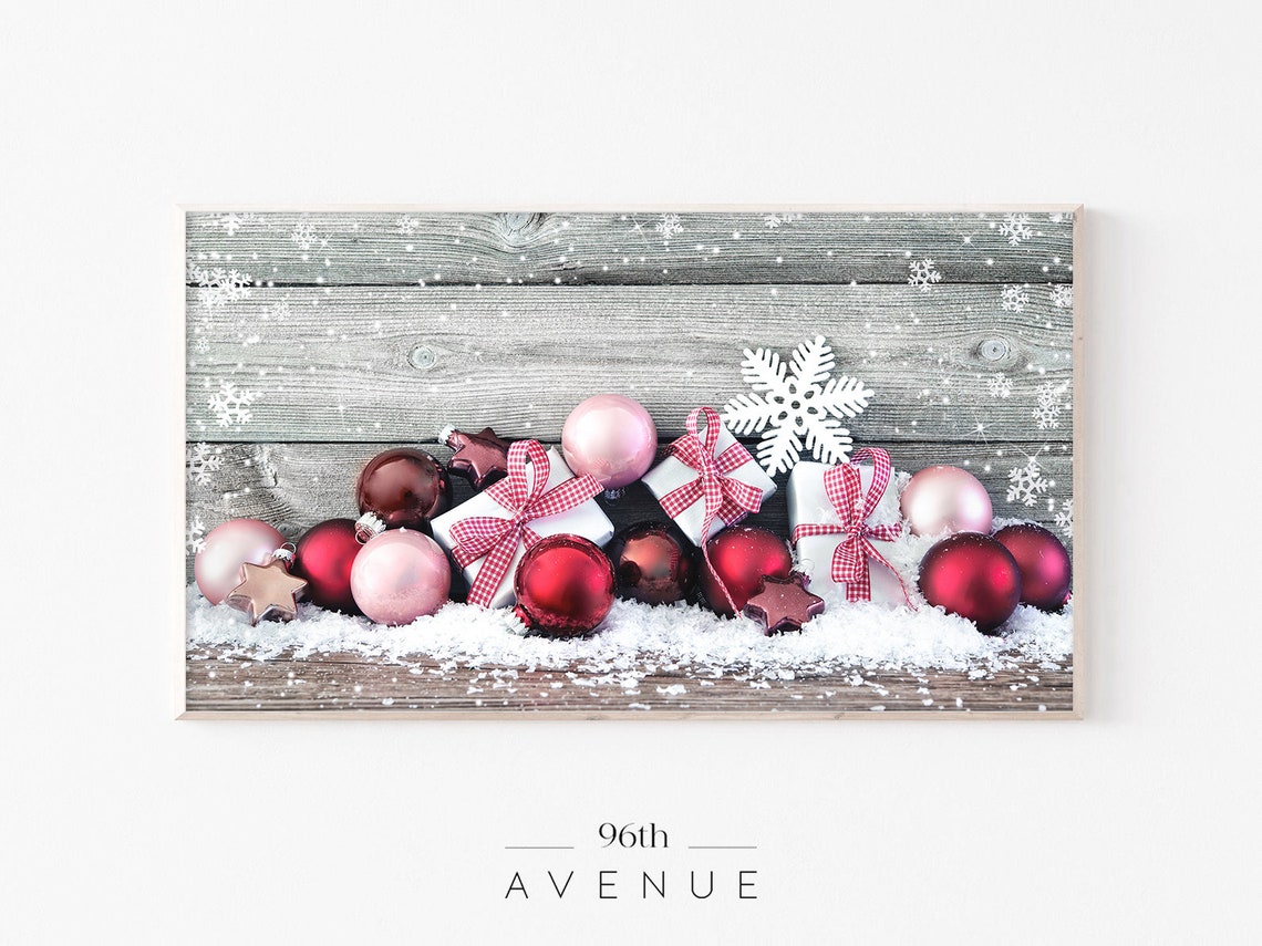 Rustic Christmas Ornaments and Wrapped Gifts on Snowy Wood Poster