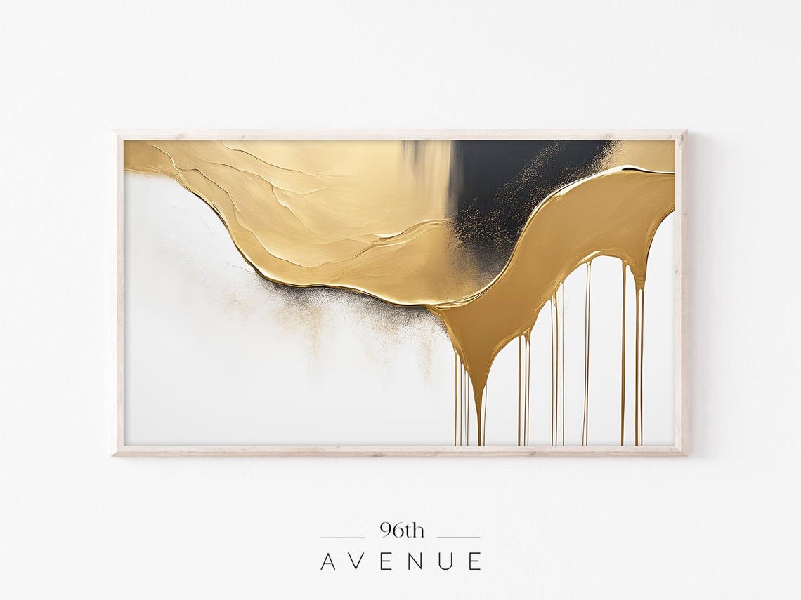 Gold Dripping Paint Abstract With Black Accent Modern Art Print