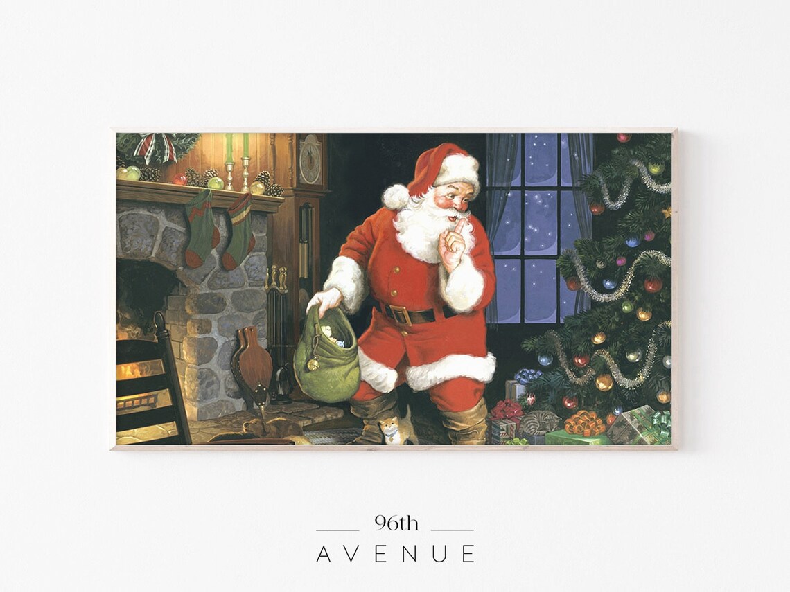 Vintage Santa Claus Delivering Gifts by Fireplace Christmas Poster