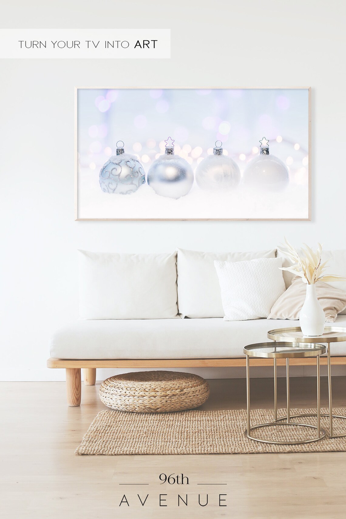 Silver White Christmas Ornaments in Snow With Bokeh Lights Poster - Image 2