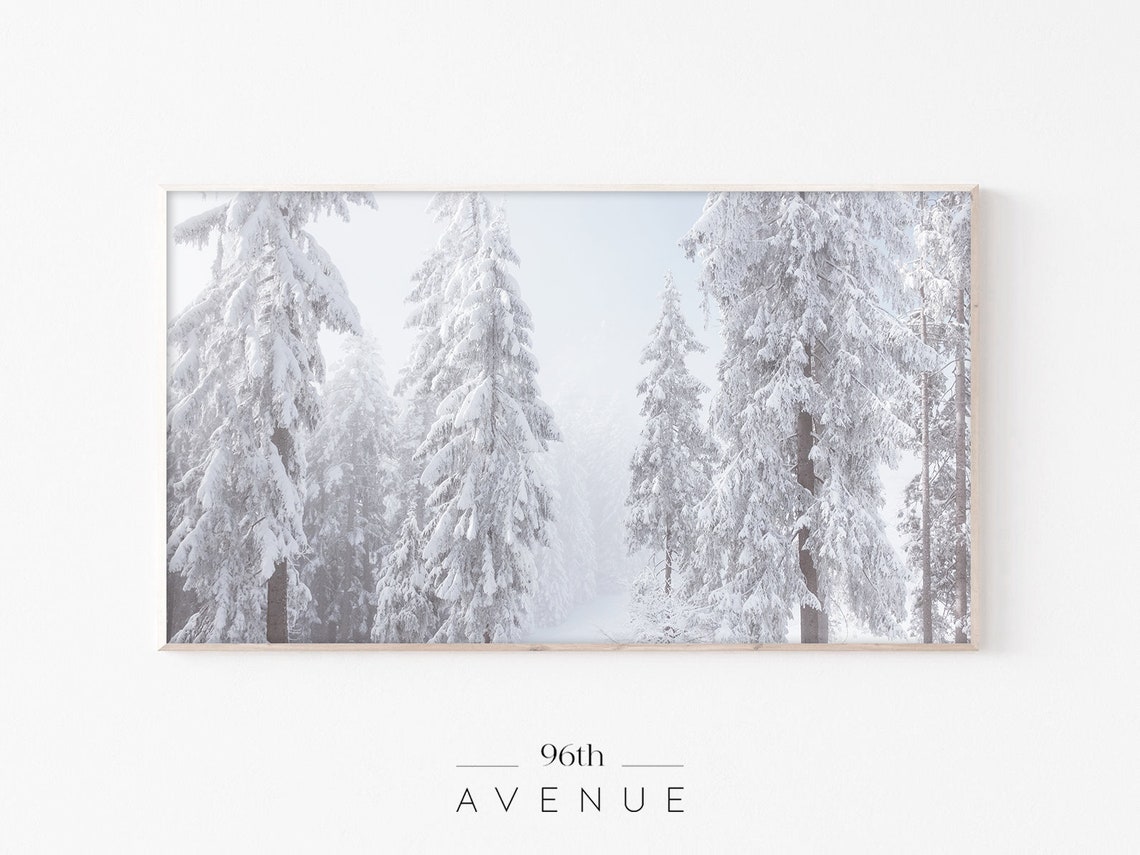 Tall Snowy Pine Trees Misty Blue Winter Forest Landscape Poster