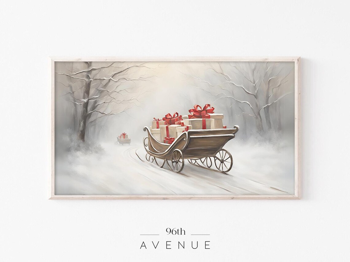Vintage Wooden Sleigh Full of Christmas Gifts Snow Scene Poster