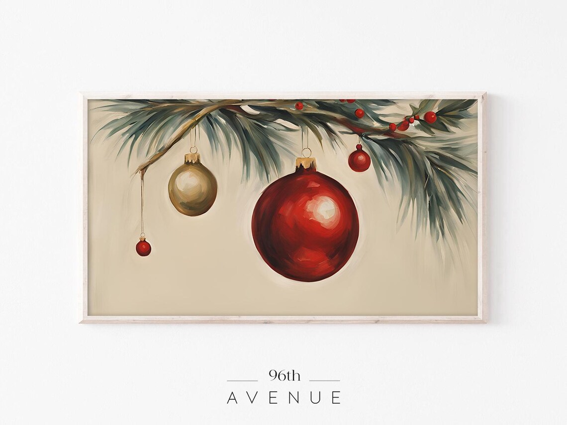 Red Gold Ornaments Pine Branch Vintage Christmas Painting Poster