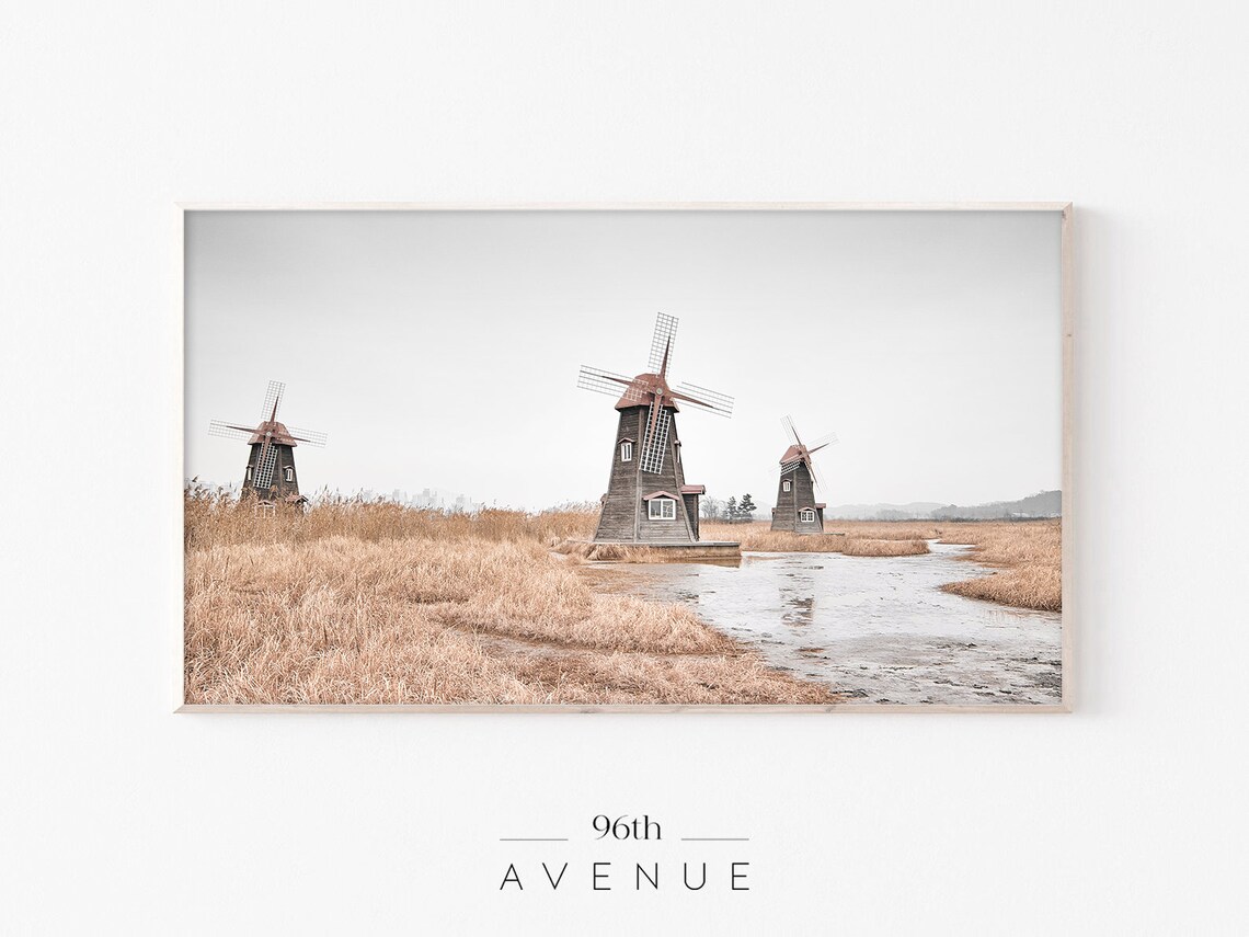 Dutch Windmills Marsh Field Classic Countryside Scenery Poster