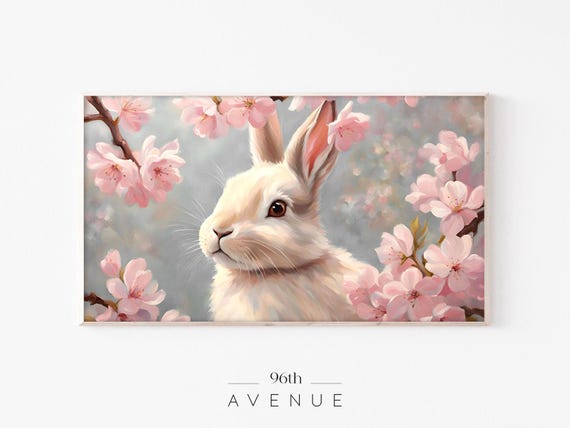 Easter Bunny Frame Tv Art Cute Bunny In Cherry Blossom Spring Oil Painting For Tv Pink Flowers Art For Tv 1102tv