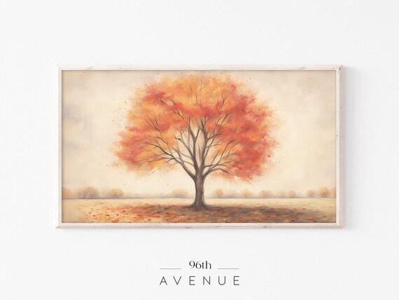 Lone Autumn Tree Orange Foliage Vintage Watercolor Fall Poster