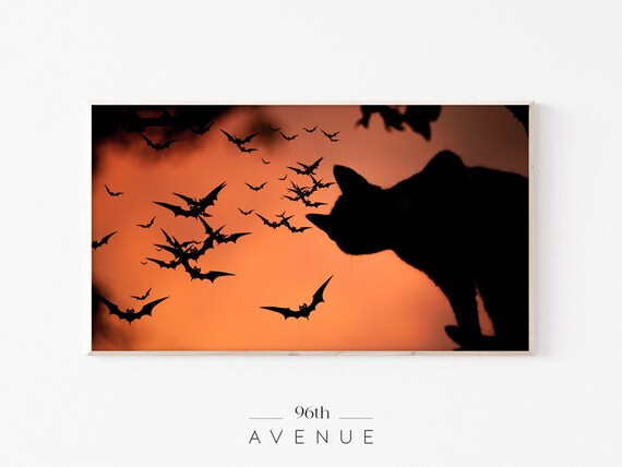 Black Cat Silhouette Bats Glowing Orange Halloween Night Poster