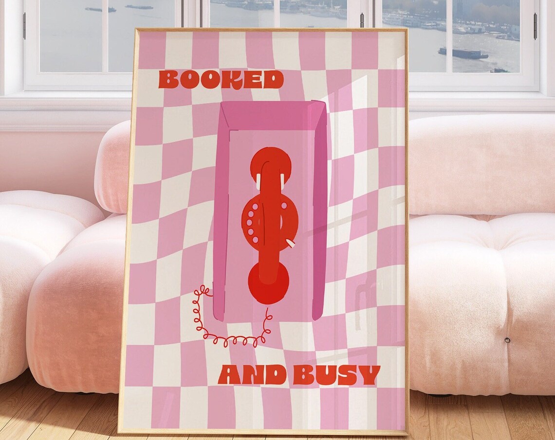 Booked And Busy Red Retro Telephone Pink Checkered Pop Art Poster