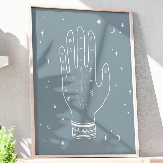 Boho Hand Wall Art Blue Bohemian Poster Mystical Palm Print Magical Gallery Wall Home Decor Magic Palmistry Instant
