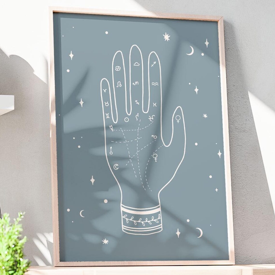 Palmistry Hand Mystical Zodiac Blue Bohemian Celestial Art Poster