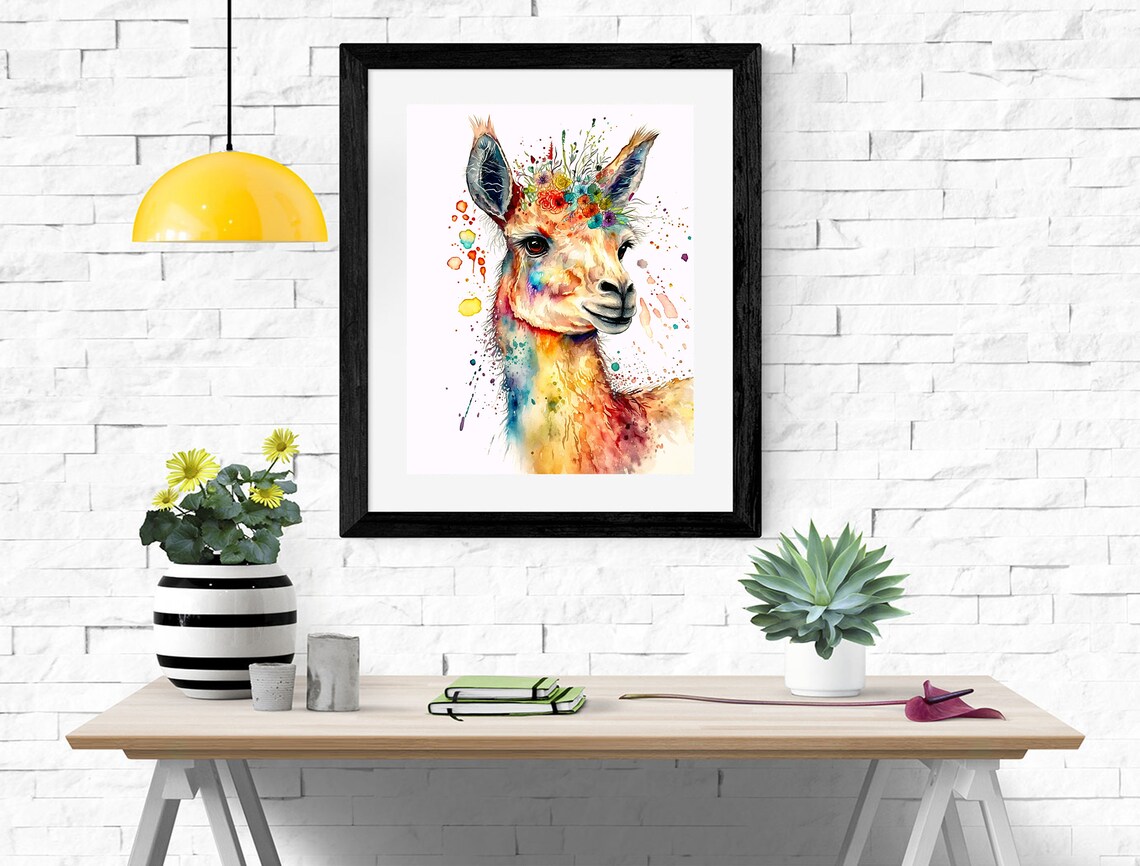 Colorful Llama With Flower Crown Vibrant Watercolor Animal Poster - Image 2