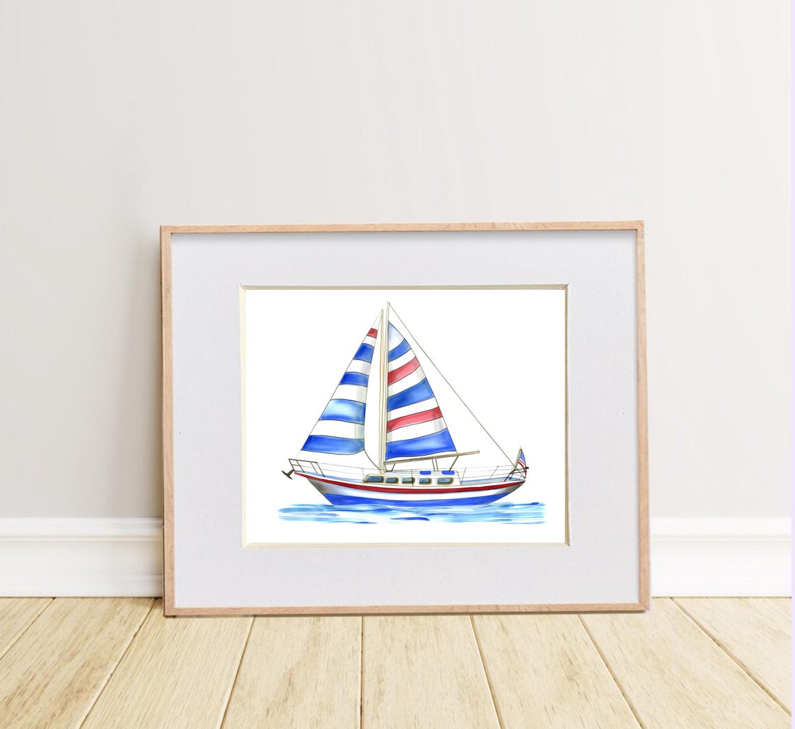 Sailboat With Red White And Blue Striped Sails Nautical Art Poster - Image 2