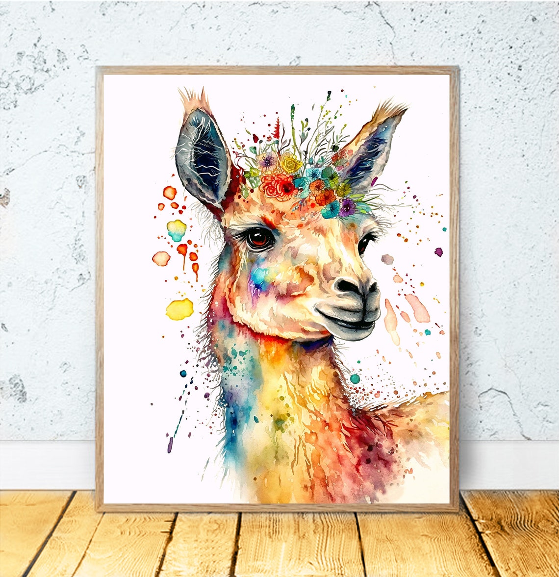 Colorful Llama With Flower Crown Vibrant Watercolor Animal Poster