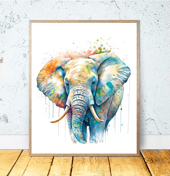 Elephant In Blue And Orange Watercolor Splash Majestic Animal Poster