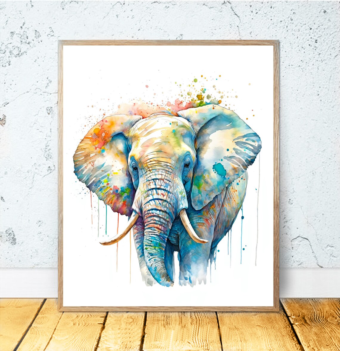 Elephant In Blue And Orange Watercolor Splash Majestic Animal Poster