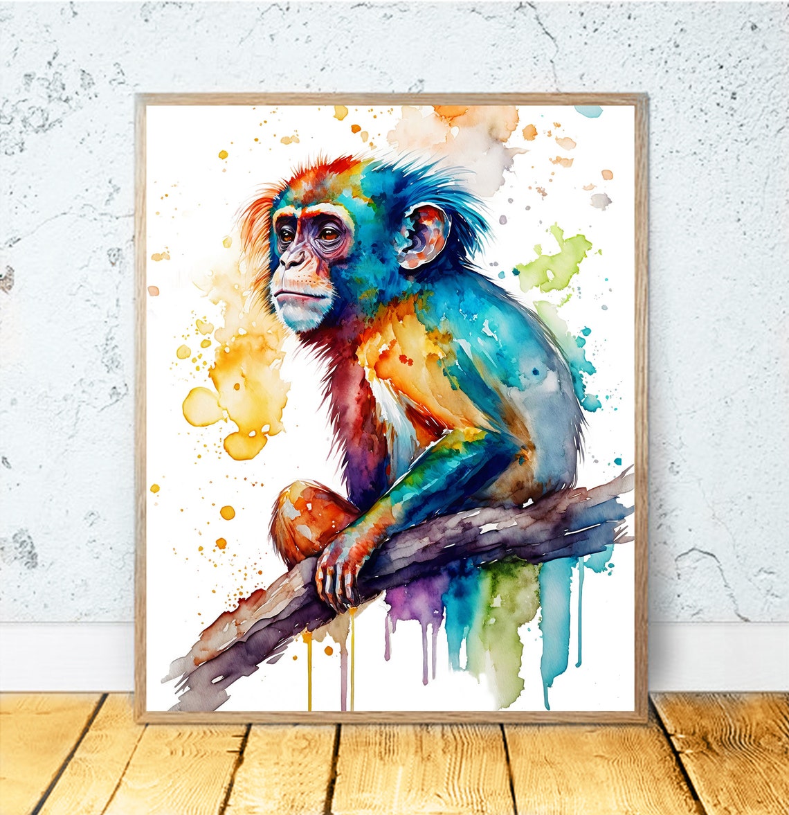 Baby Monkey Sitting on Branch Rainbow Watercolor Cute Animal Poster