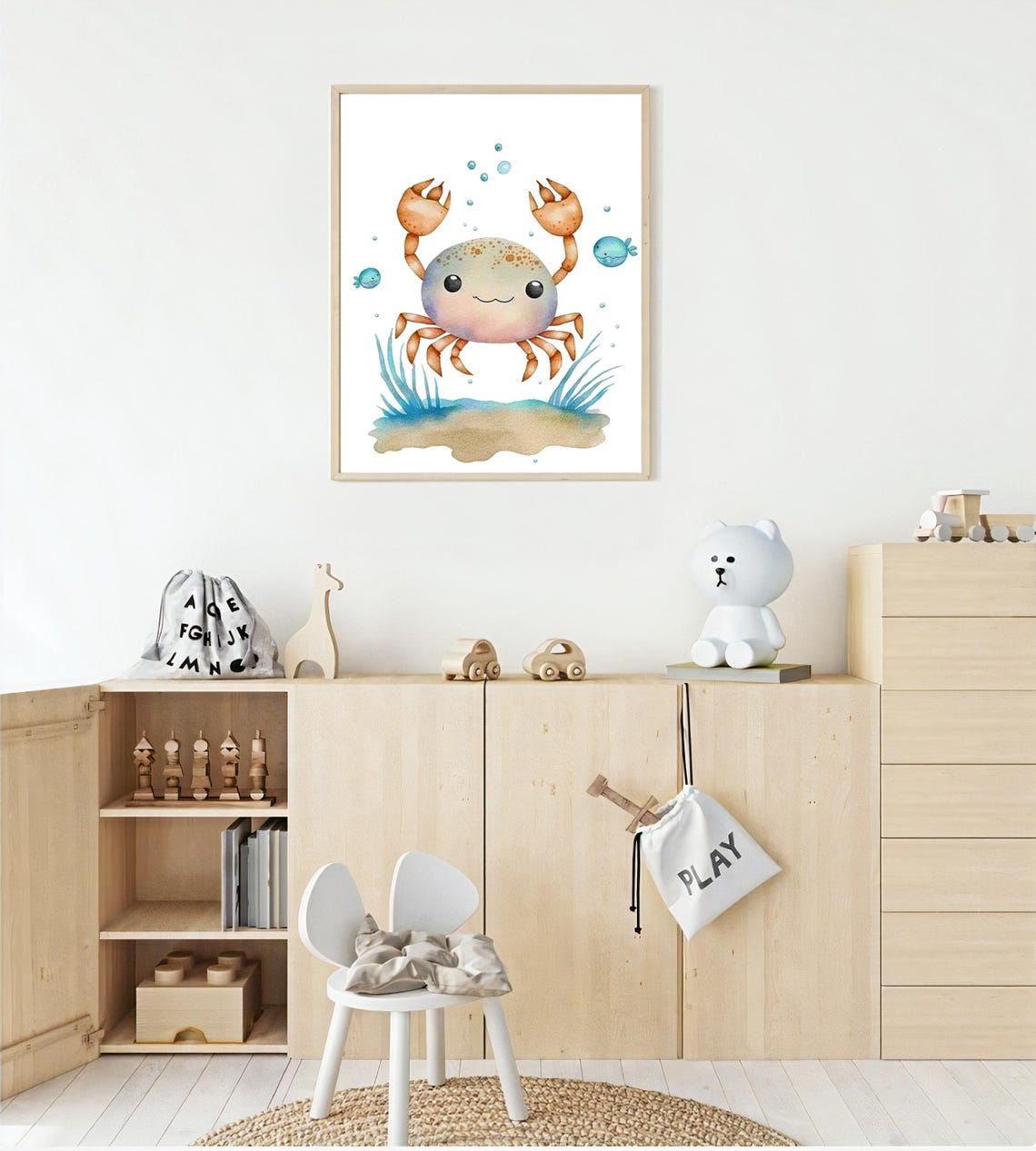 Cute Crab With Claws Up And Little Fish Nursery Ocean Art Poster - Image 3