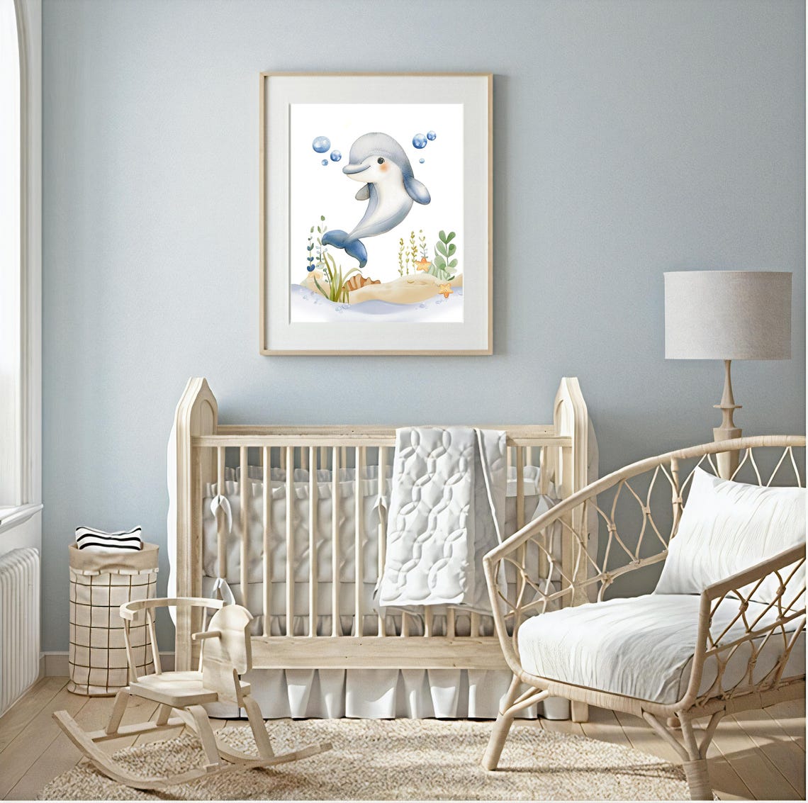 Baby Dolphin Leaping With Bubbles Over Sandy Seabed Nursery Poster - Image 2