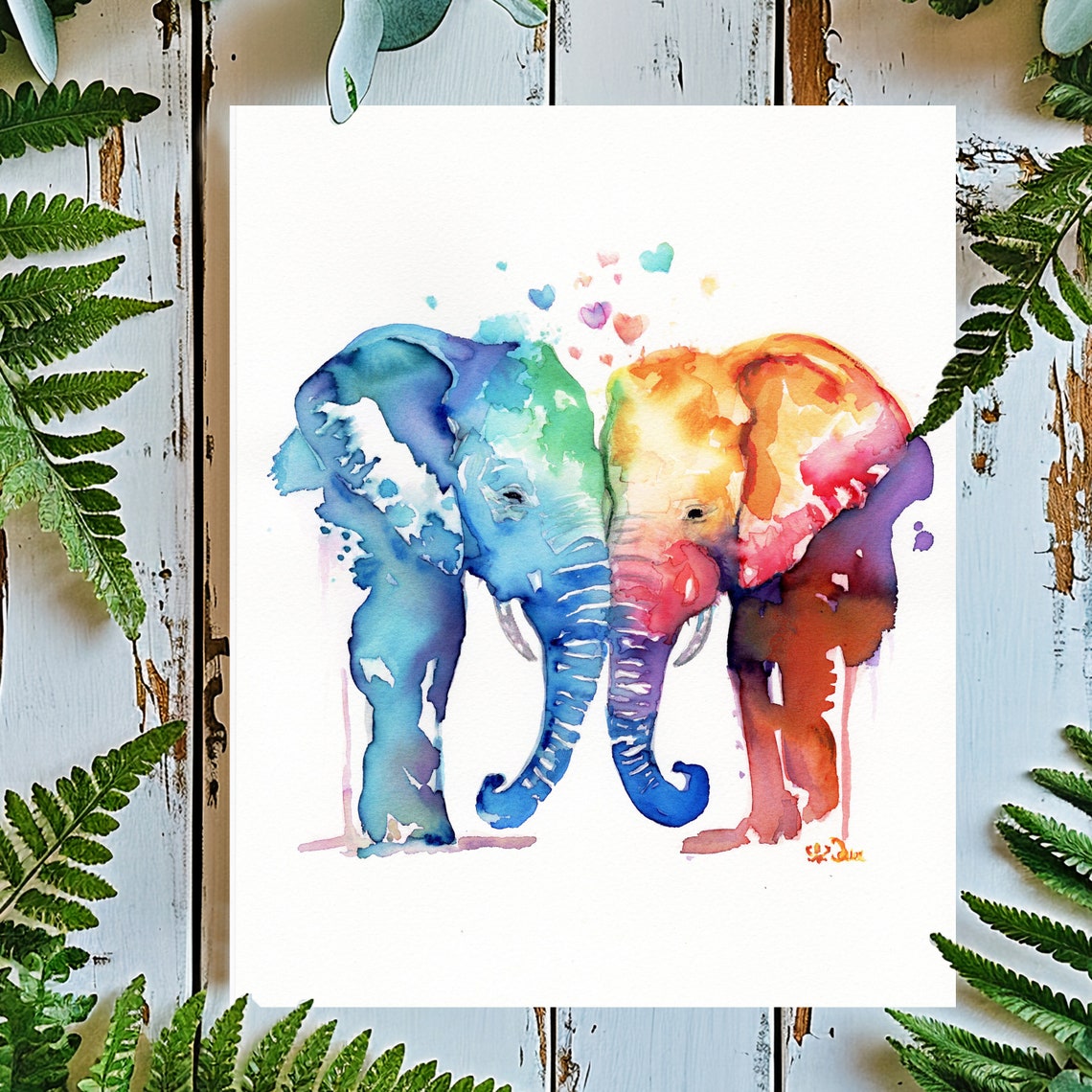 Two Watercolor Elephants Blue And Orange With Hearts Animal Poster - Image 2