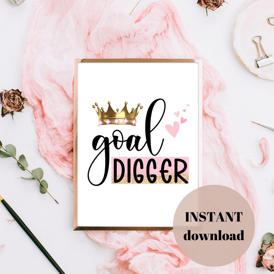 Goal Digger Gold Crown Motivational Girl Boss Quote Poster Pink Office - Image 4