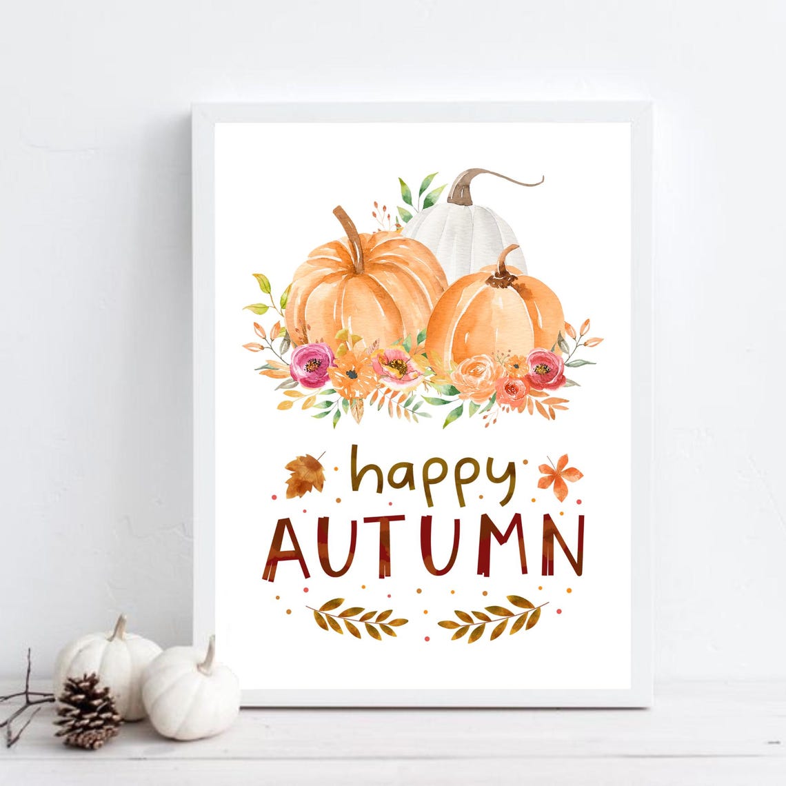 Happy Autumn Watercolor Pumpkins With Fall Florals Seasonal Art Poster - Image 3