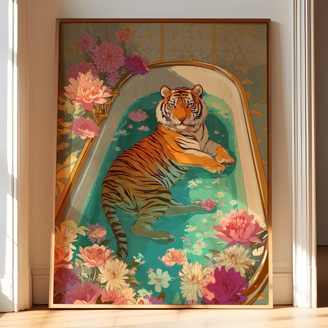 Tiger Relaxing In Bathtub With Pink Flowers Maximalist Floral Poster