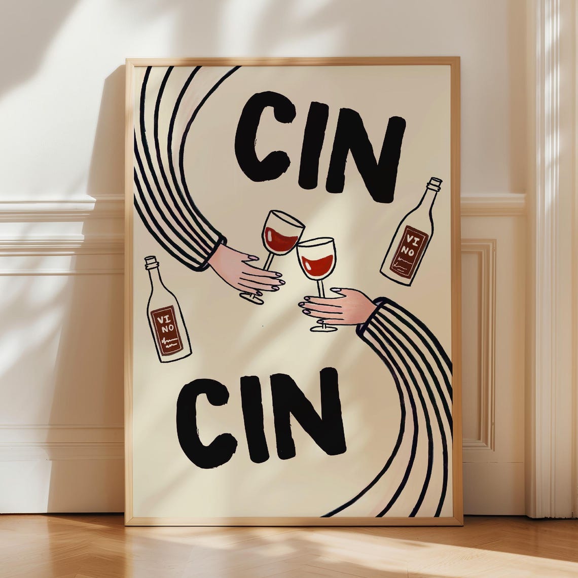 Cin Cin Cheers Black Cream Red Wine Glasses Retro Kitchen Poster