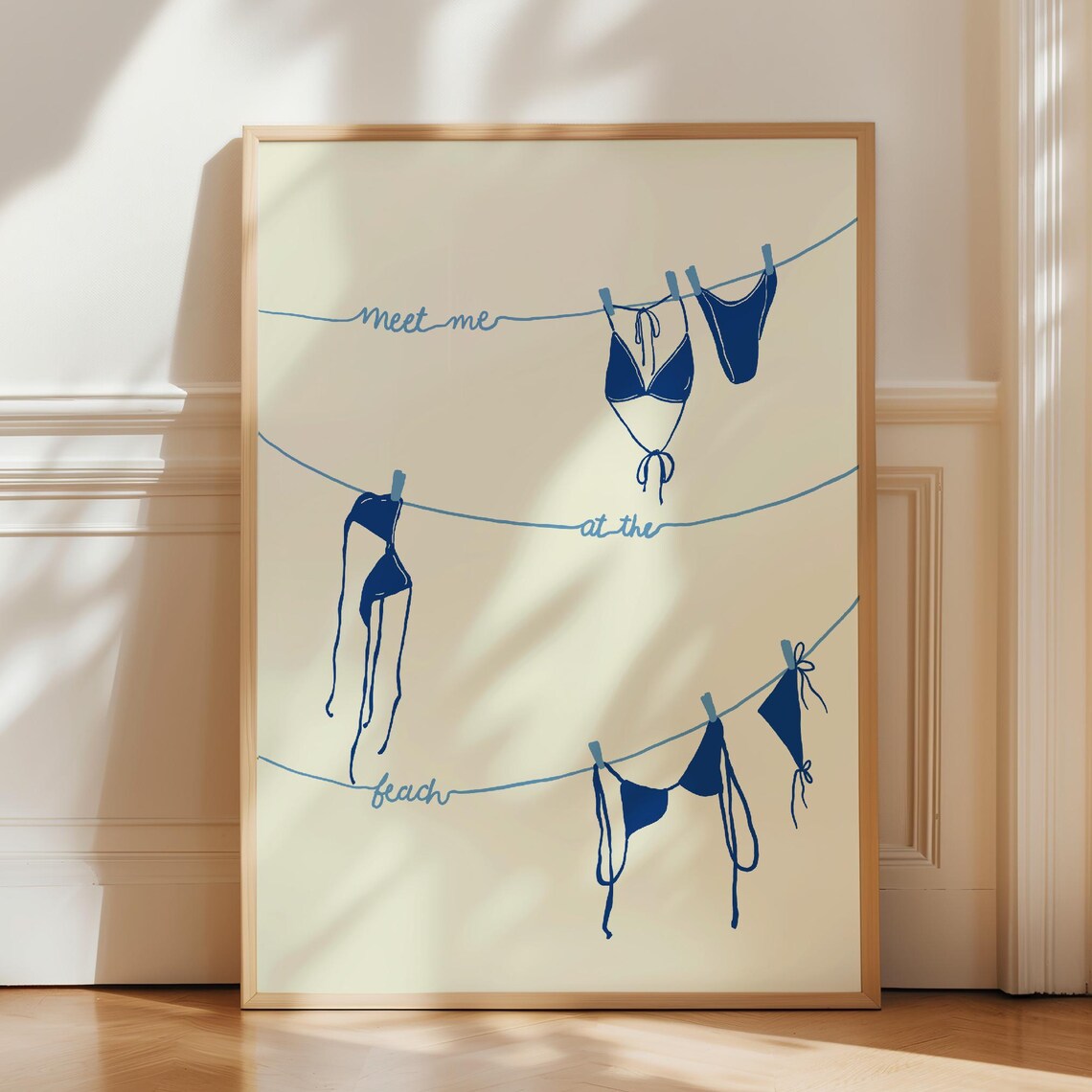 Meet Me At The Beach Navy Bikinis Minimal Line Art Decor Poster