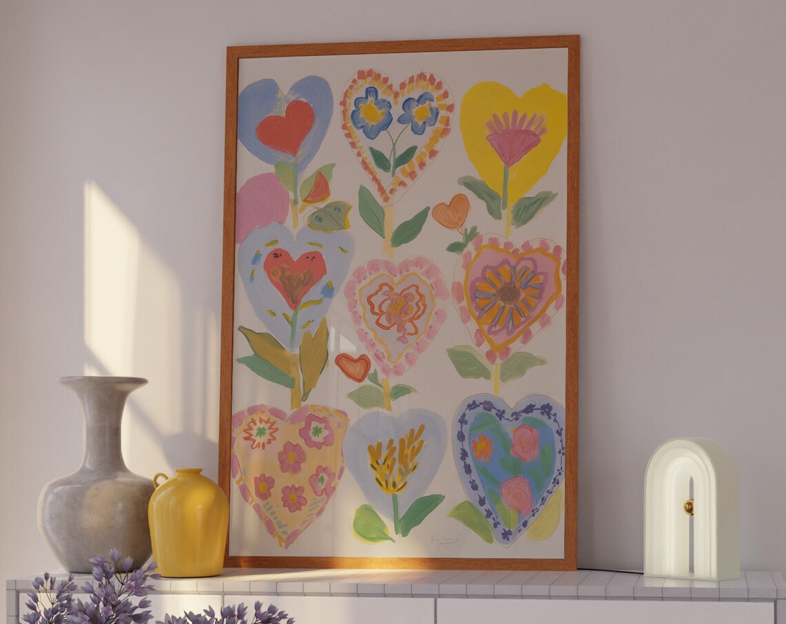 Folk Art Hearts Blooming with Flowers Colorful Grid Art Poster - Image 3