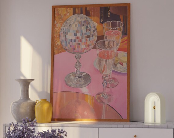Disco Ball And Champagne Toast Pink Party Bar Celebration Poster
