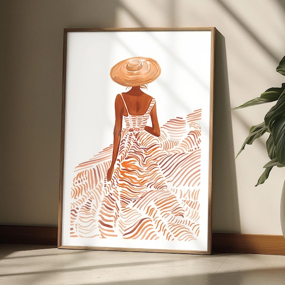 Woman In Striped Summer Dress Sun Hat Minimalist Fashion Poster