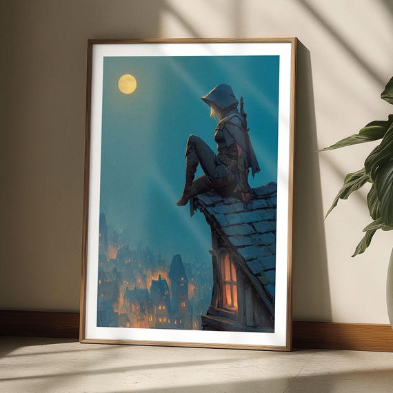 Rooftop Rogue Under Moonlight Dark Fantasy Assassin Poster Print Night Watcher