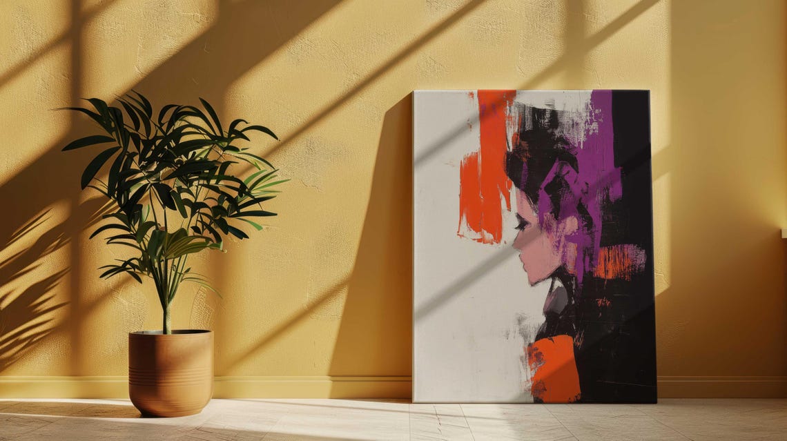 Expressionist Woman Profile Purple Orange Brushstroke Framed Poster - Image 4