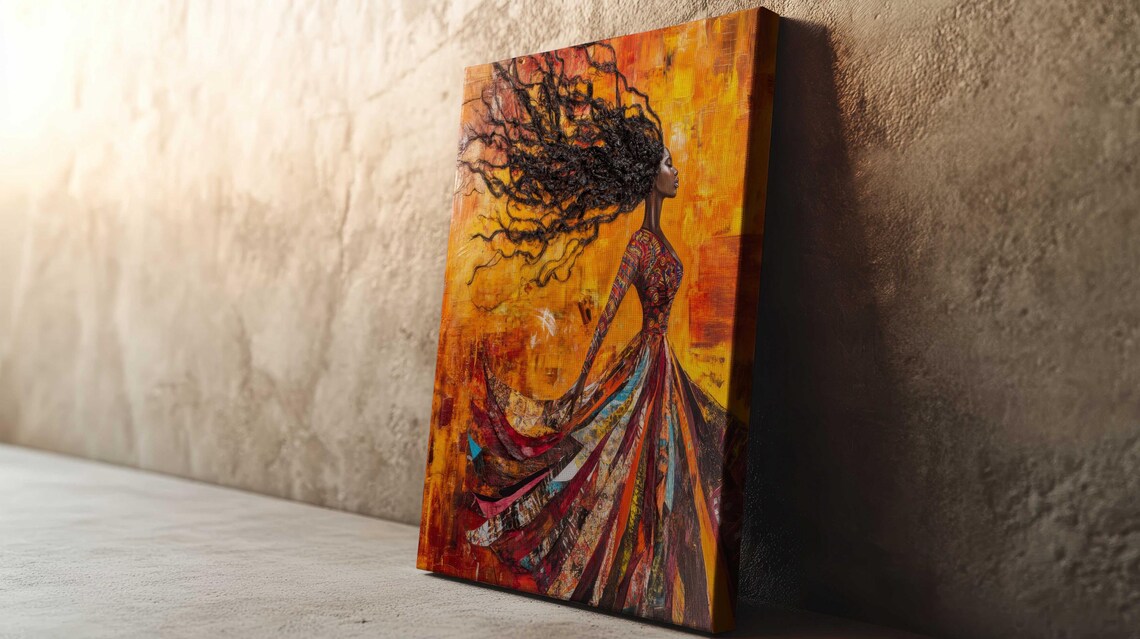 Flowing Hair Woman Profile Colorful Dress Warm Orange Art Print - Image 3