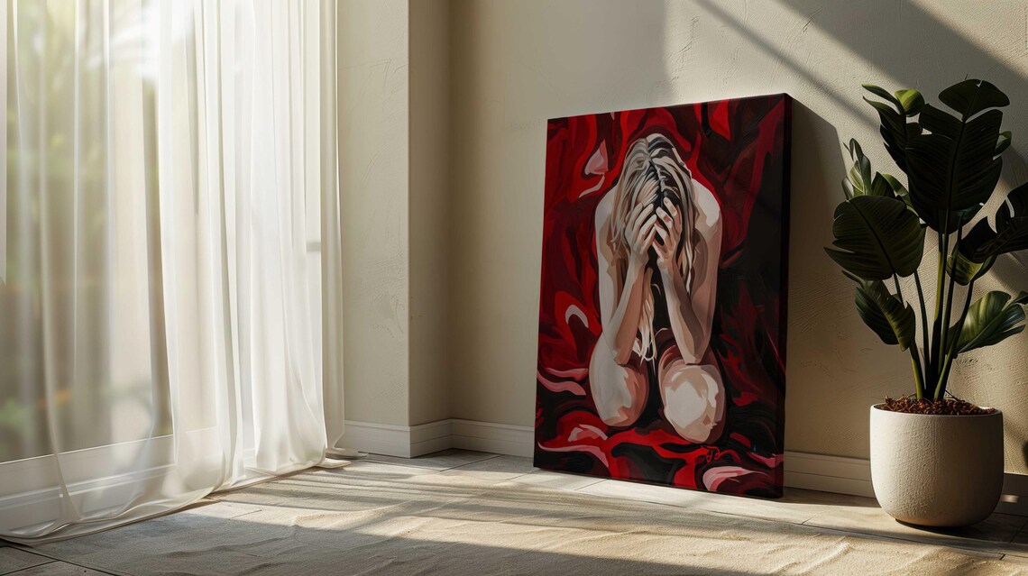 Red Background Crouching Woman Figure Emotional Abstract Art Poster - Image 3