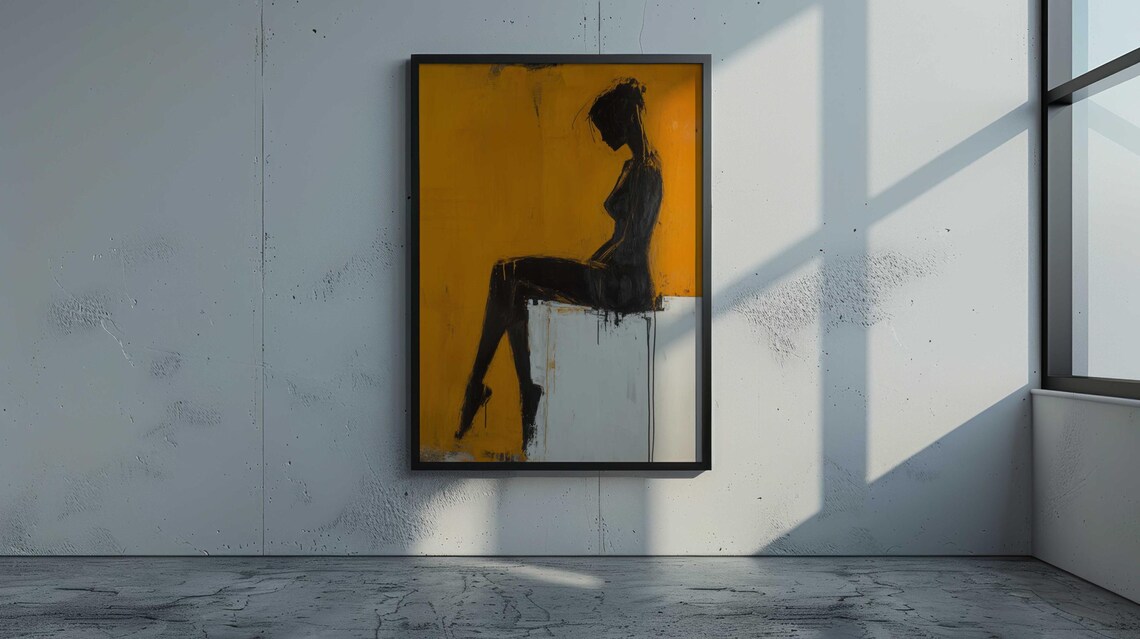 Seated Woman Black Silhouette Bold Yellow Modern Art Print Poster