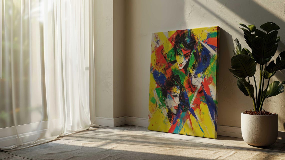 Bold Abstract Expressionist Three Faces Yellow Red Blue Art Poster
